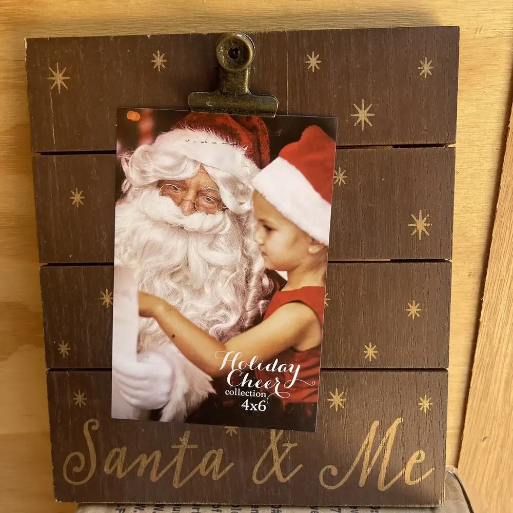 Holiday Cheer Santa & Me Clip Board Photo Display‎ Brown Wood 4x6 Photo Holder